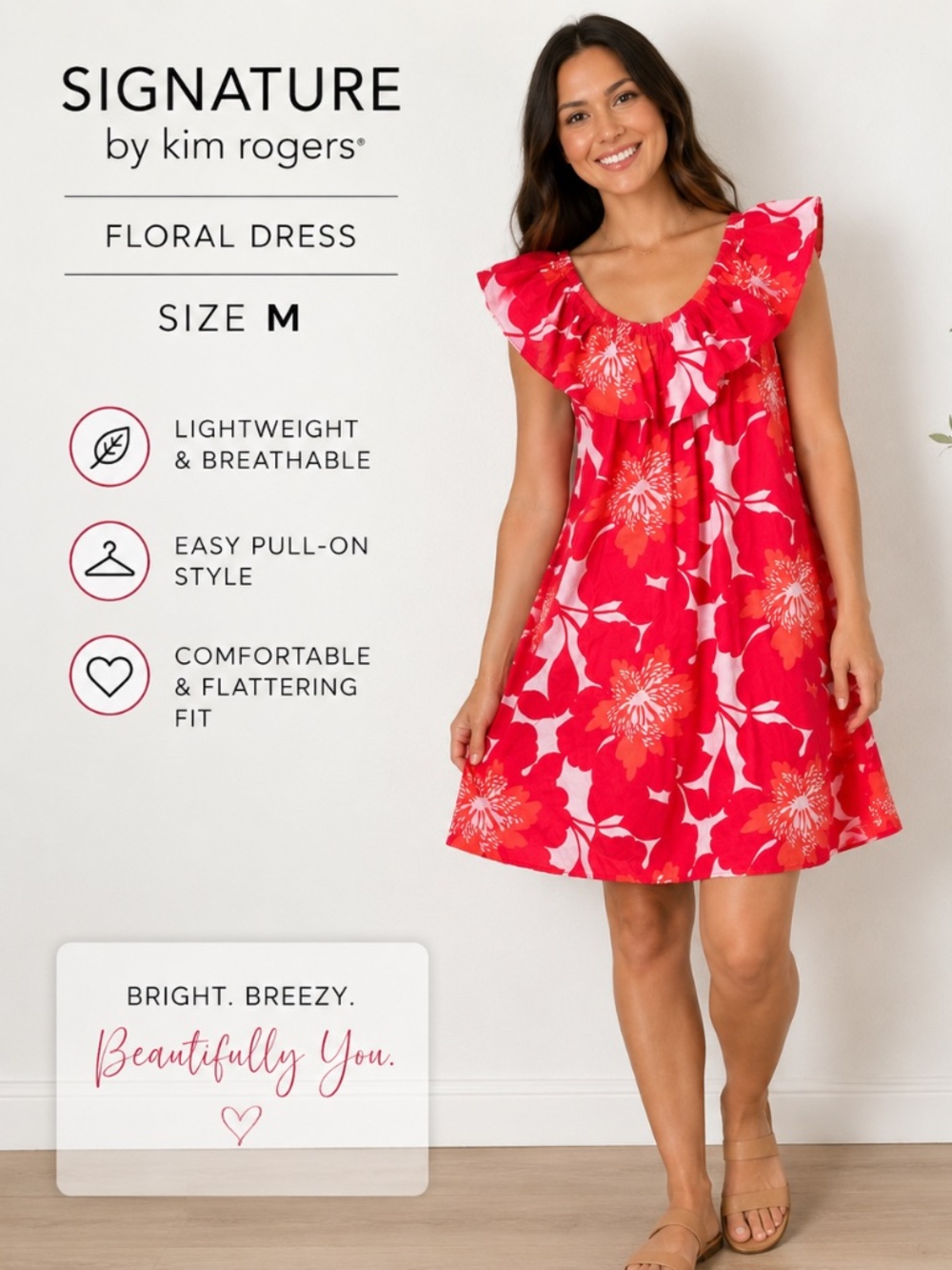 Signature by Robbie Bee Hawaiian Dress Women's Medium Red Floral Peasant Ruffles